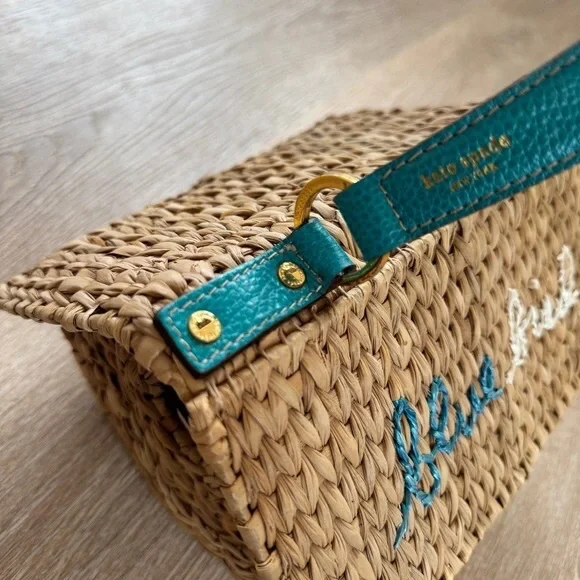 Kate Spade New York blue bird birdhouse maya wicker raffia handbag blue bird - Picture 4 of 11